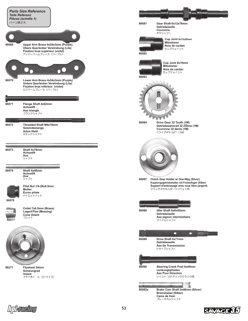 I-12881-1_p53.pdf, Parts size reference | HPI Racing Savage 3.5 User Manual | Page 53 / 68