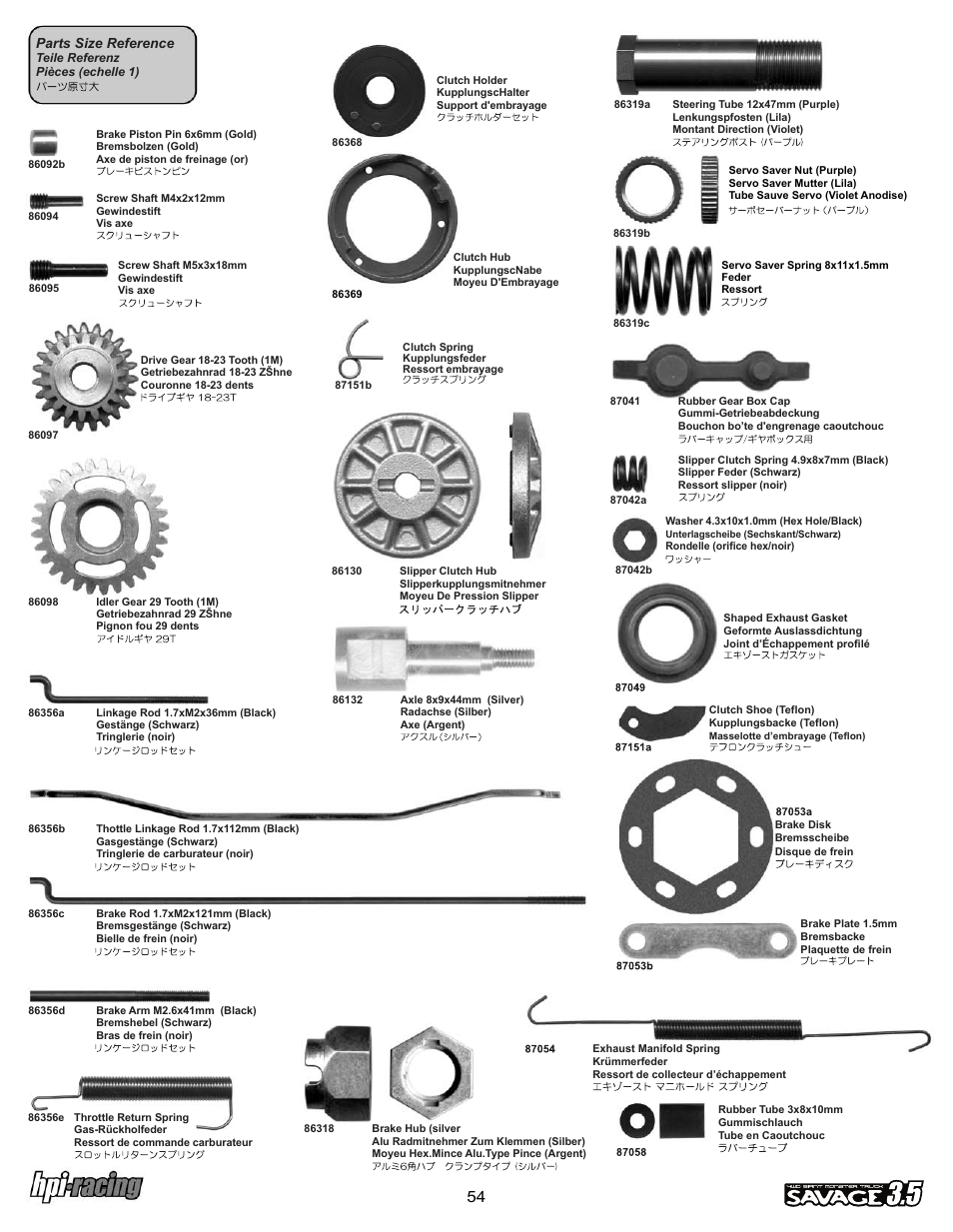 I-12881-1_p54.pdf, Parts size reference | HPI Racing Savage 3.5 User Manual | Page 54 / 68