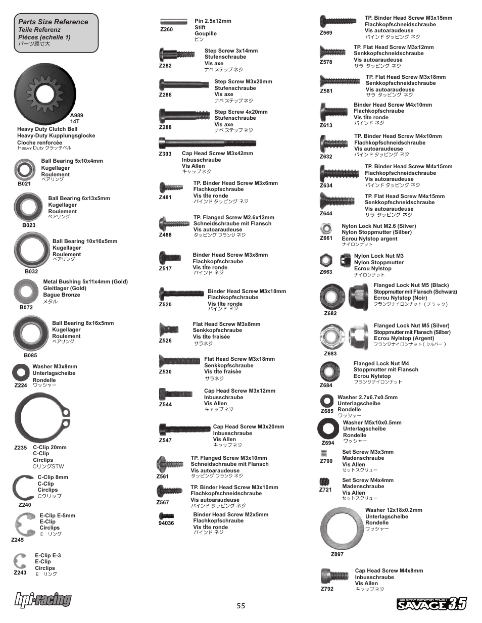 I-12881-1_p55.pdf, Parts size reference | HPI Racing Savage 3.5 User Manual | Page 55 / 68