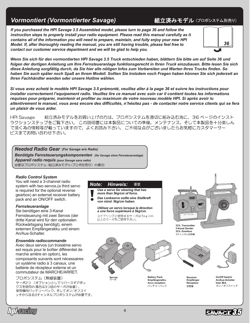 I-12881-1_p06.pdf, Vormontiert (vormontierter savage), Needed radio gear | HPI Racing Savage 3.5 User Manual | Page 6 / 68