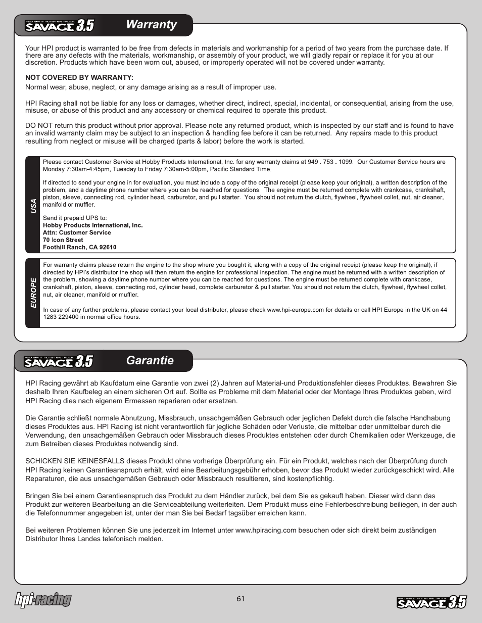 I-12881-1_p61.pdf, Garantie warranty | HPI Racing Savage 3.5 User Manual | Page 61 / 68