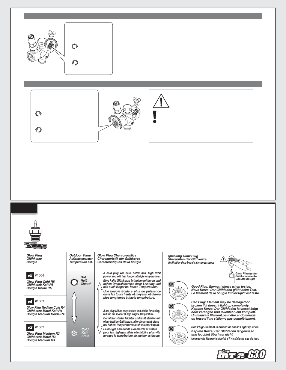 Bougie, Glow plug glühkerze, Attention achtung attention | HPI Racing Nitro MT2 G3.0 User Manual | Page 33 / 48