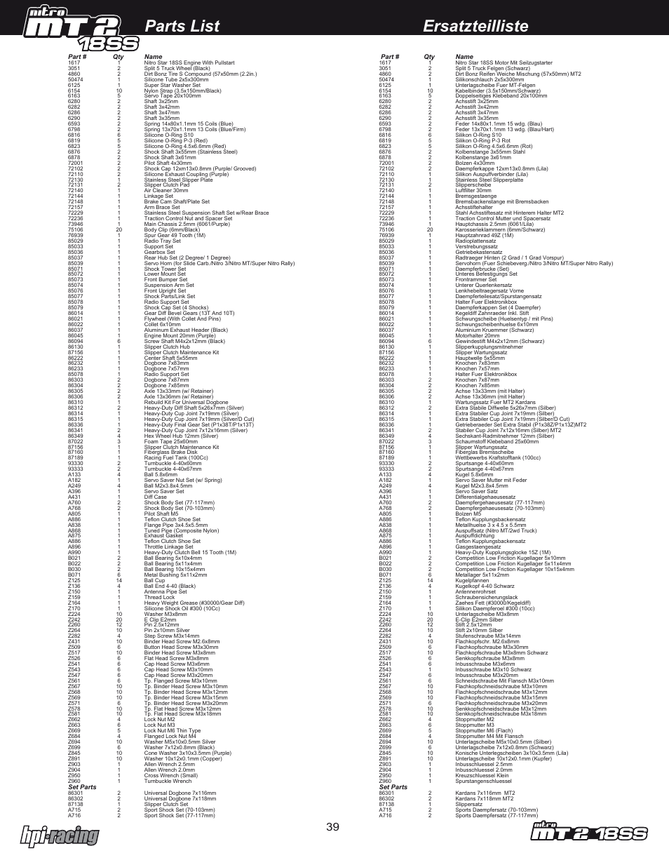 Mt2_ss_39.pdf, Parts list ersatzteilliste | HPI Racing Nitro RS4 MT 2 18SS+ User Manual | Page 39 / 44