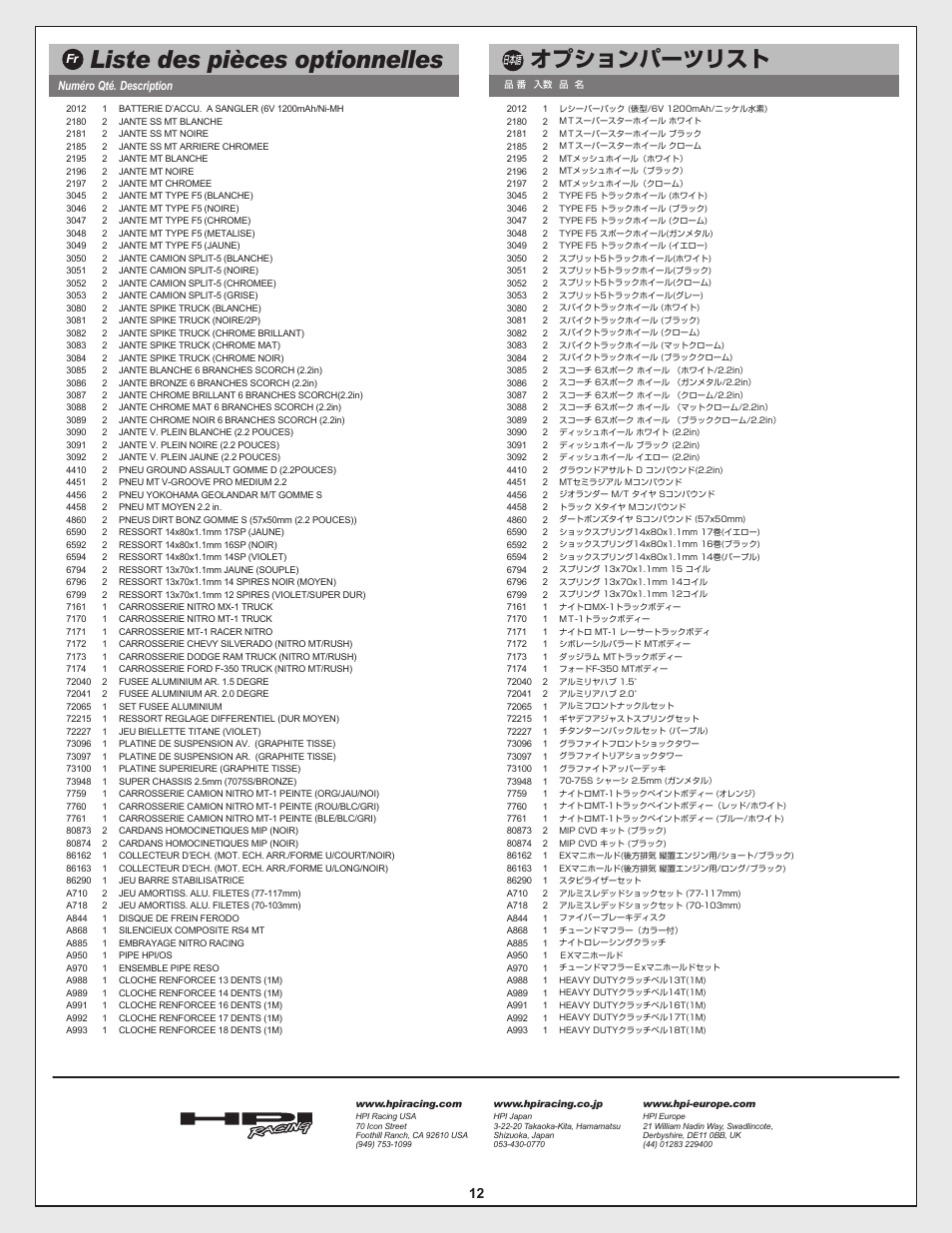 Liste des pièces optionnelles, オプションパーツリスト | HPI Racing Nitro RS4 MT 2 18SS+ User Manual | Page 12 / 12