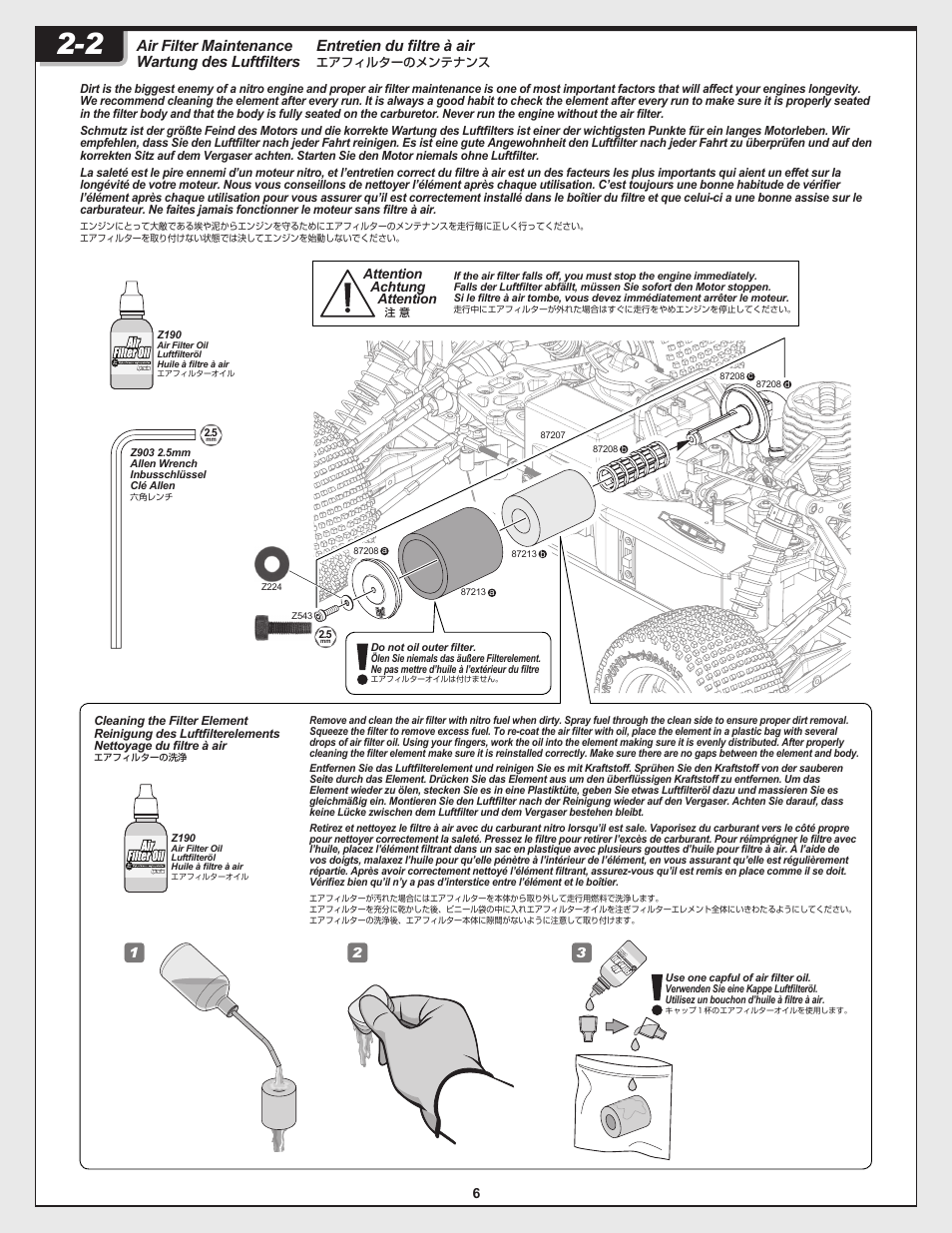 Entretien du filtre à air, Air filter maintenance wartung des luftfilters, Attention achtung attention | HPI Racing Nitro RS4 MT 2 18SS+ User Manual | Page 6 / 12
