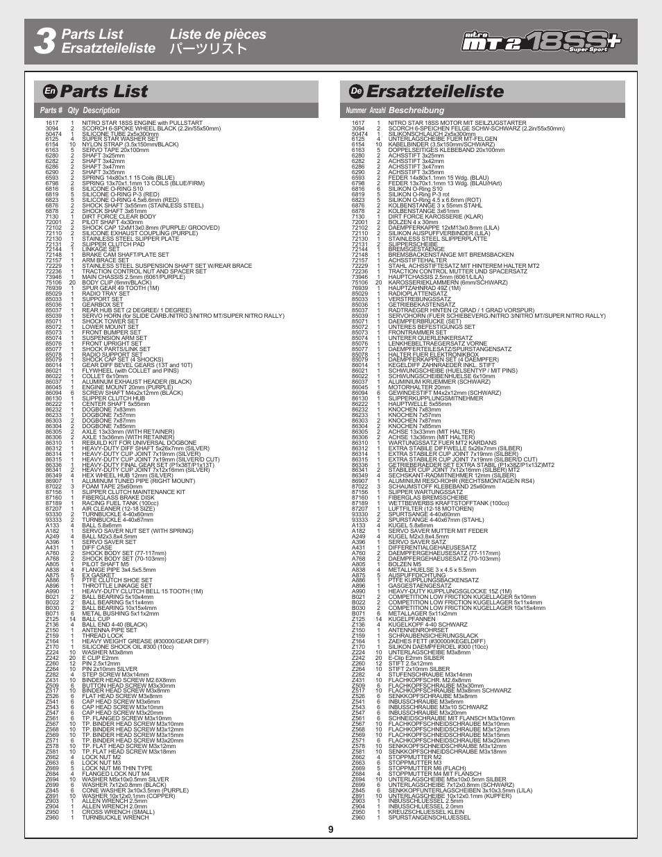 Parts list ersatzteileliste, Parts list ersatzteileliste liste de pièces, パーツリスト | De en, Parts # qty description nummer anzahl beschreibung | HPI Racing Nitro RS4 MT 2 18SS+ User Manual | Page 9 / 12