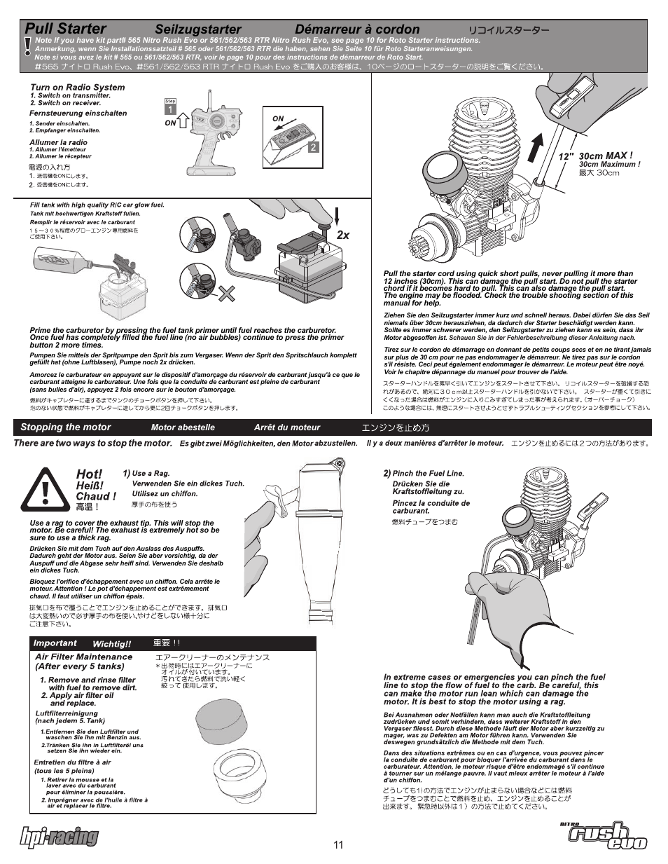 Pull starter, Seilzugstarter démarreur à cordon | HPI Racing Rush Evo User Manual | Page 11 / 24