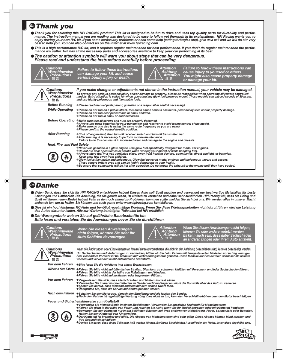 Danke | HPI Racing Nitro Monster King User Manual | Page 2 / 60