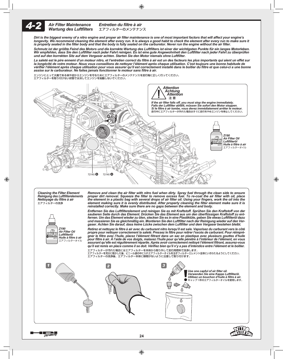 Entretien du filtre à air, Air filter maintenance wartung des luftfilters | HPI Racing Nitro Monster King User Manual | Page 24 / 60