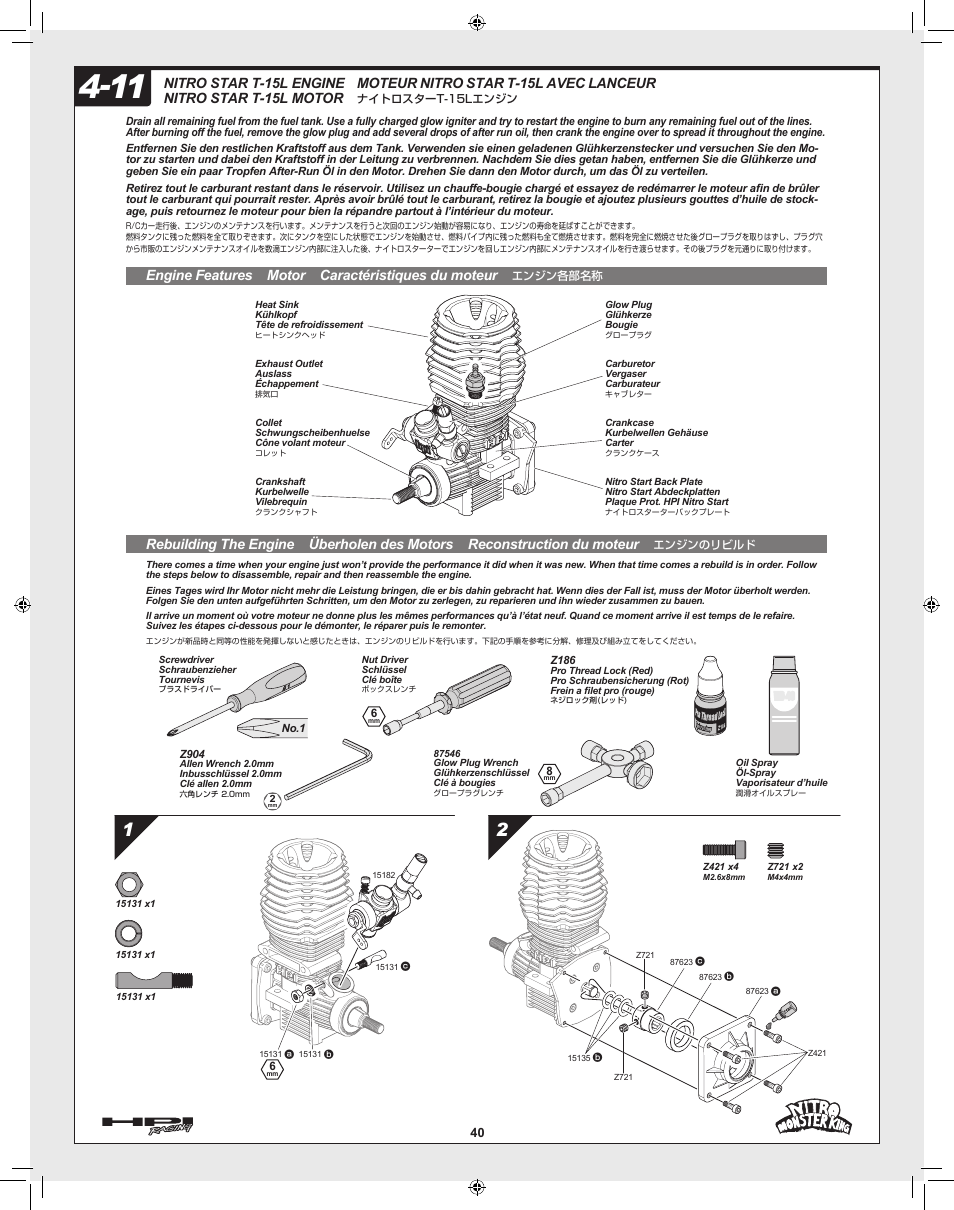 Engine features motor caractéristiques du moteur, Moteur nitro star t-15l avec lanceur, Nitro star t-15l engine nitro star t-15l motor | HPI Racing Nitro Monster King User Manual | Page 40 / 60