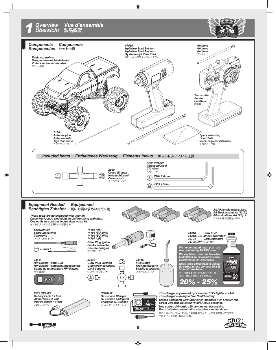 Overview übersicht vue d’ensemble, 製品概要, Composants | Components komponenten, Équipement, Equipment needed benötigtes zubehör | HPI Racing Nitro Monster King User Manual | Page 5 / 60