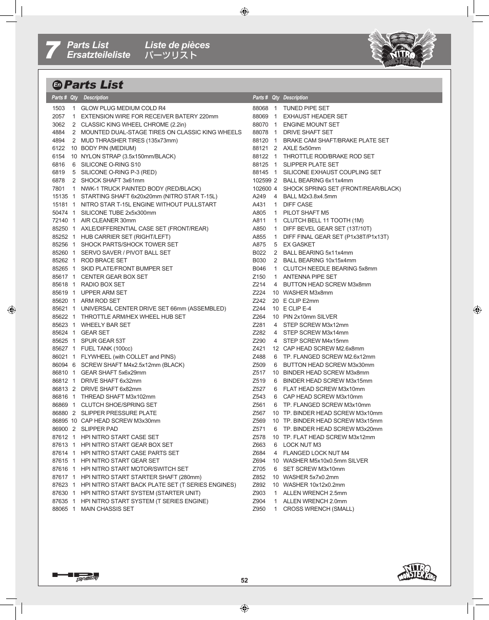 Parts list, Parts list ersatzteileliste liste de pièces, パーツリスト | HPI Racing Nitro Monster King User Manual | Page 52 / 60