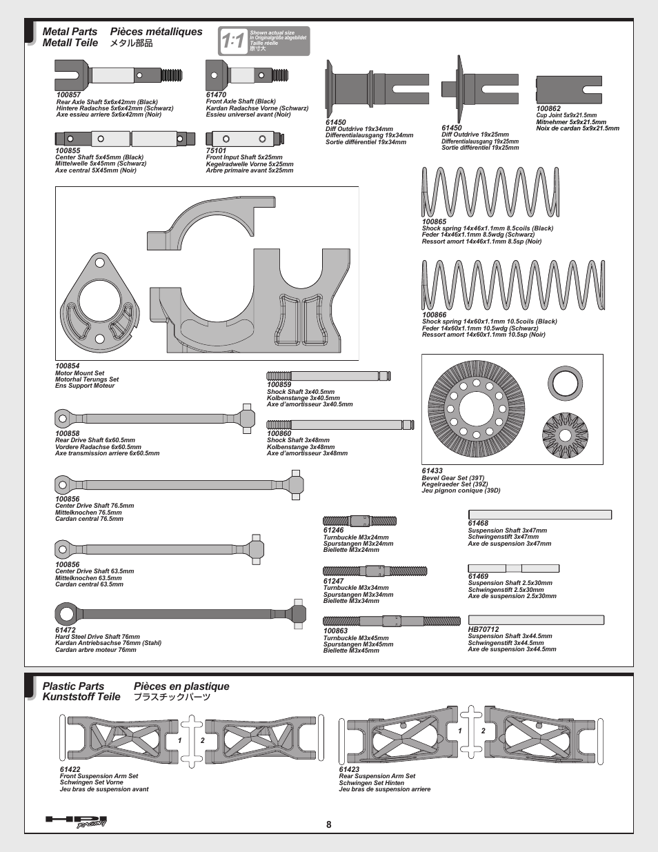 Pièces métalliques, Metal parts metall teile, Pièces en plastique | Plastic parts kunststoff teile | HPI Racing Cyber 10B User Manual | Page 8 / 44