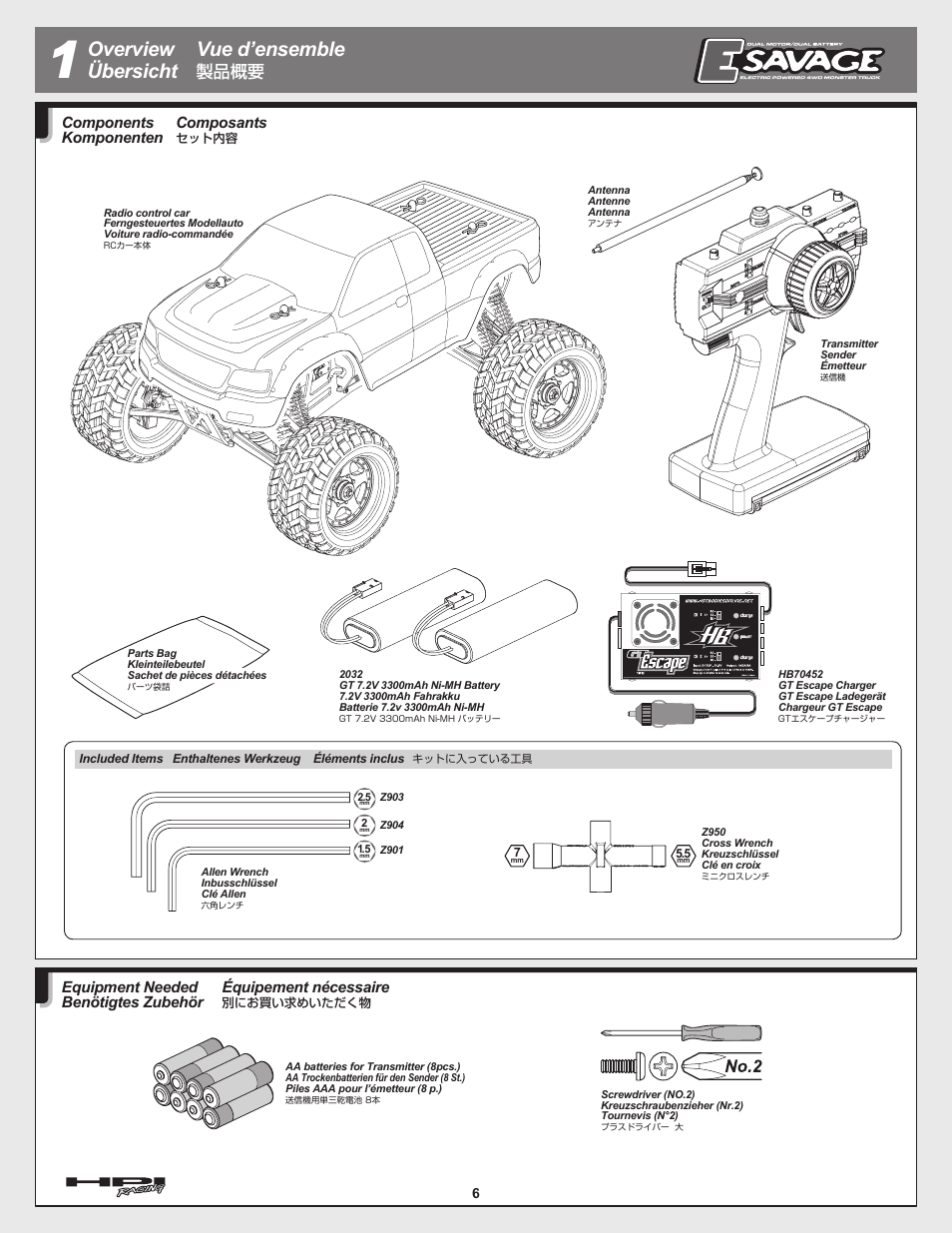 Overview übersicht vue d’ensemble, 製品概要, Composants | Components komponenten équipement nécessaire, Equipment needed benötigtes zubehör | HPI Racing E-Savage User Manual | Page 6 / 40