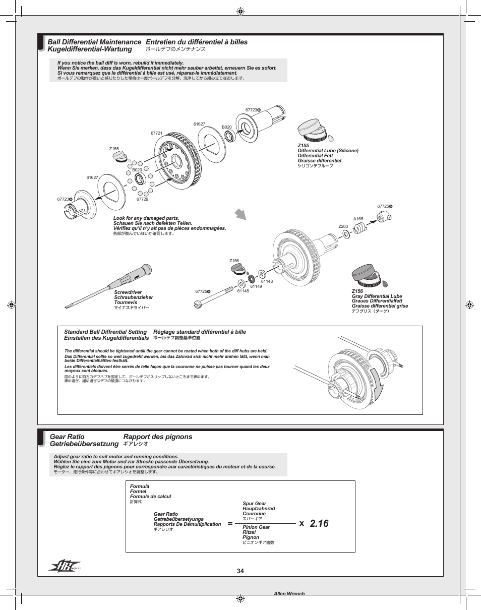 Entretien du différentiel à billes, Rapport des pignons, Gear ratio getriebeübersetzung | HPI Racing Cyclone TC User Manual | Page 34 / 44
