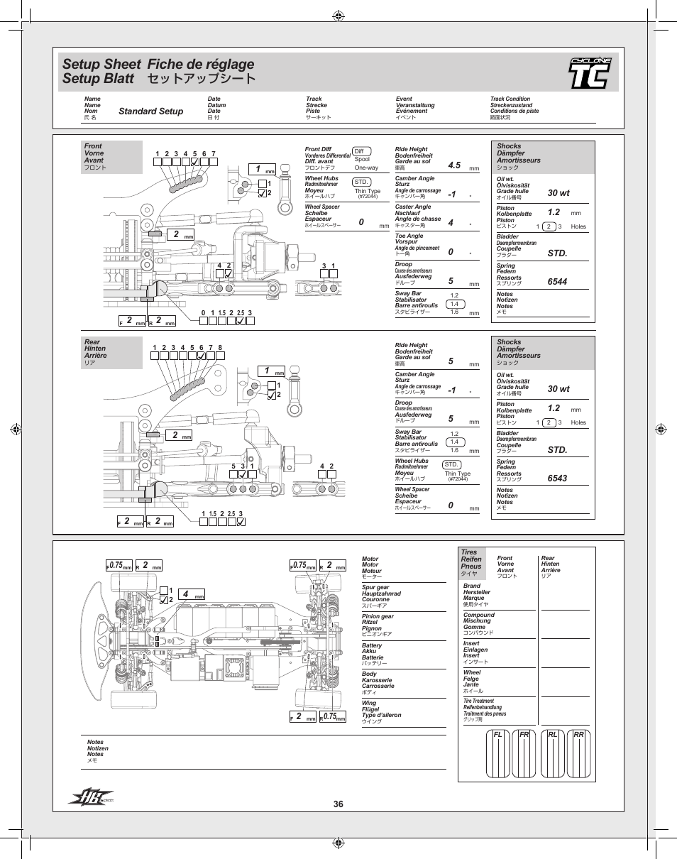 Fiche de réglage, Setup sheet setup blatt, セットアップシート | 130 wt | HPI Racing Cyclone TC User Manual | Page 36 / 44