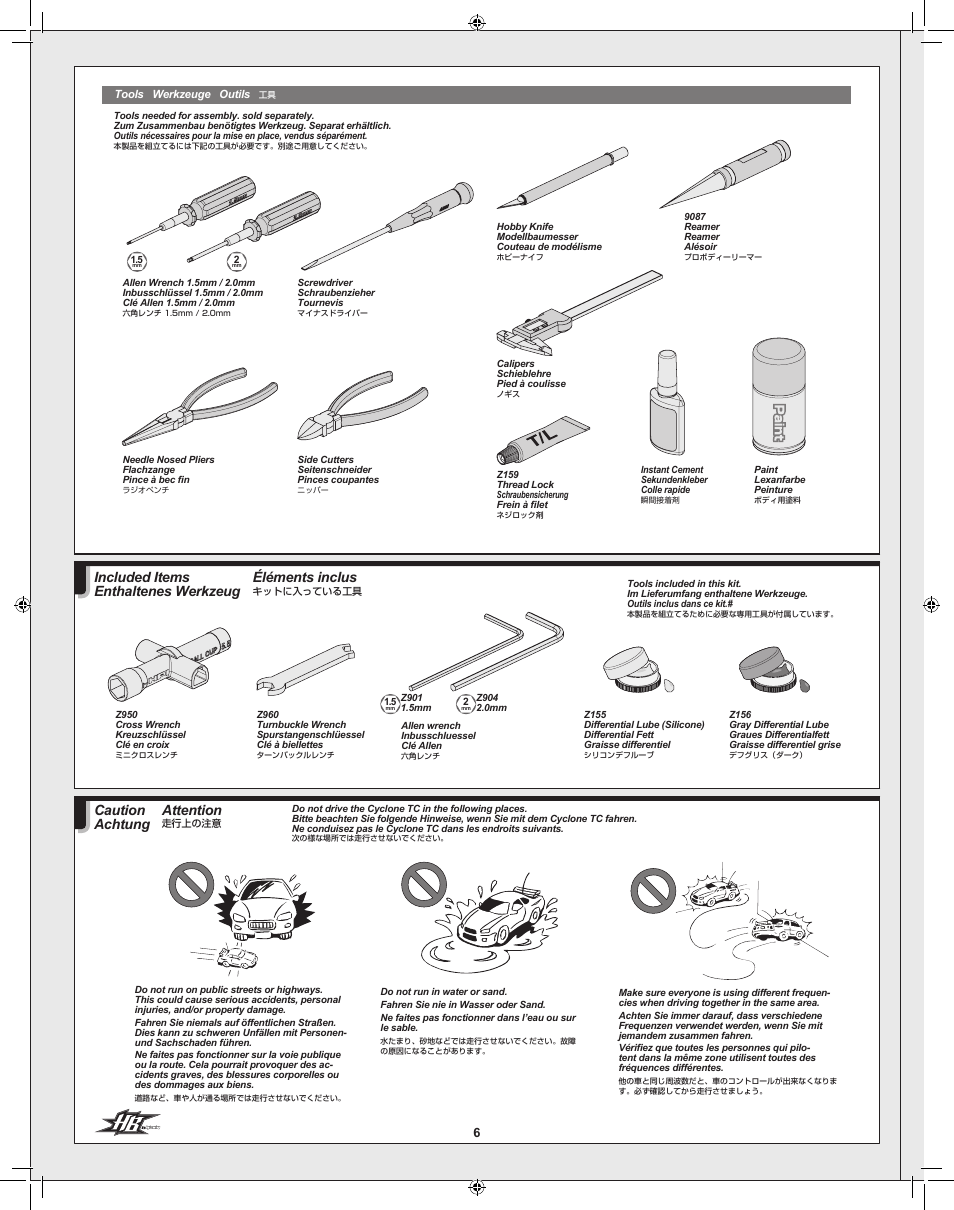 Éléments inclus, Included items enthaltenes werkzeug, Attention | Caution achtung | HPI Racing Cyclone TC User Manual | Page 6 / 44