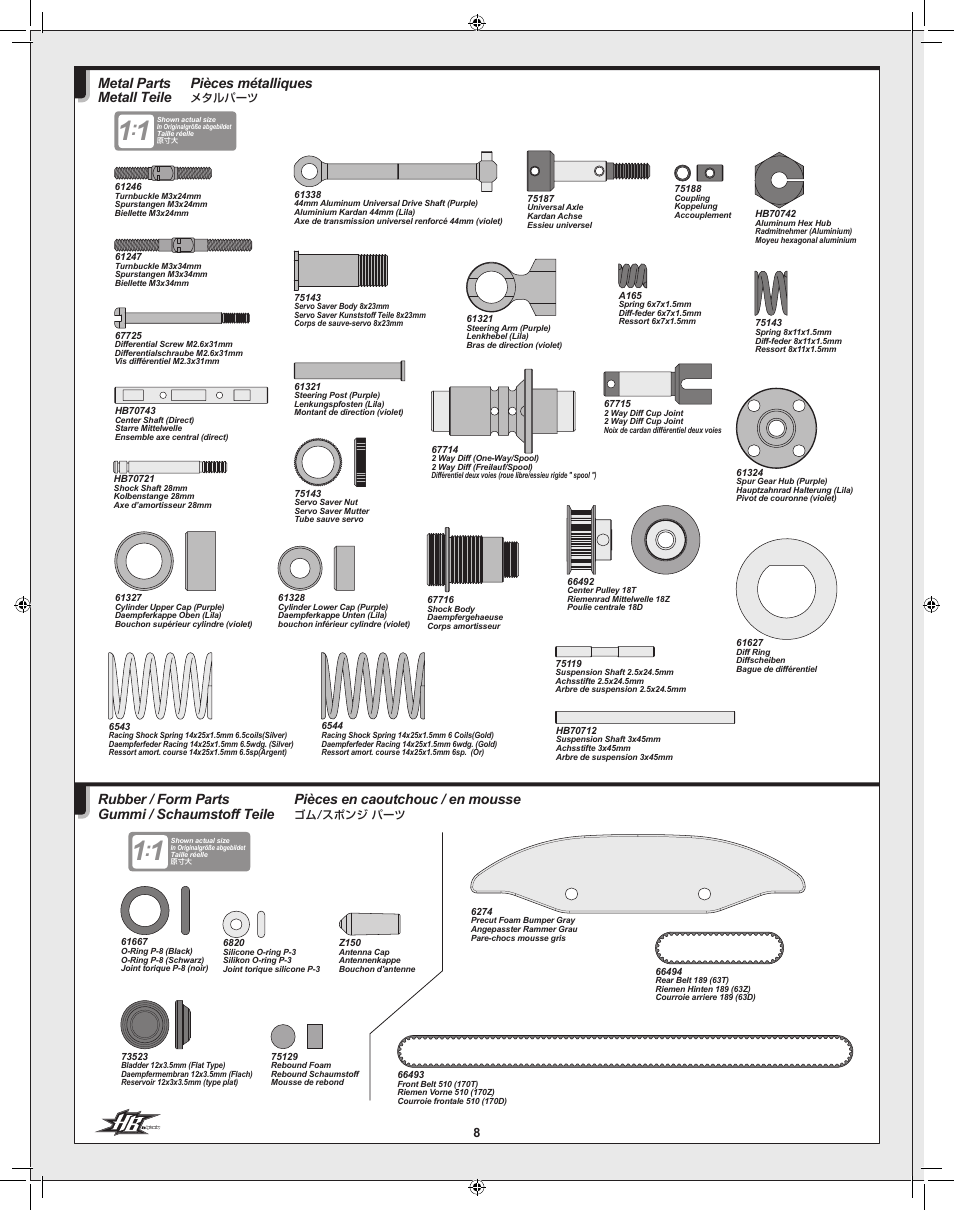 Pièces métalliques, Metal parts metall teile, Pièces en caoutchouc / en mousse | Rubber / form parts gummi / schaumstoff teile | HPI Racing Cyclone TC User Manual | Page 8 / 44