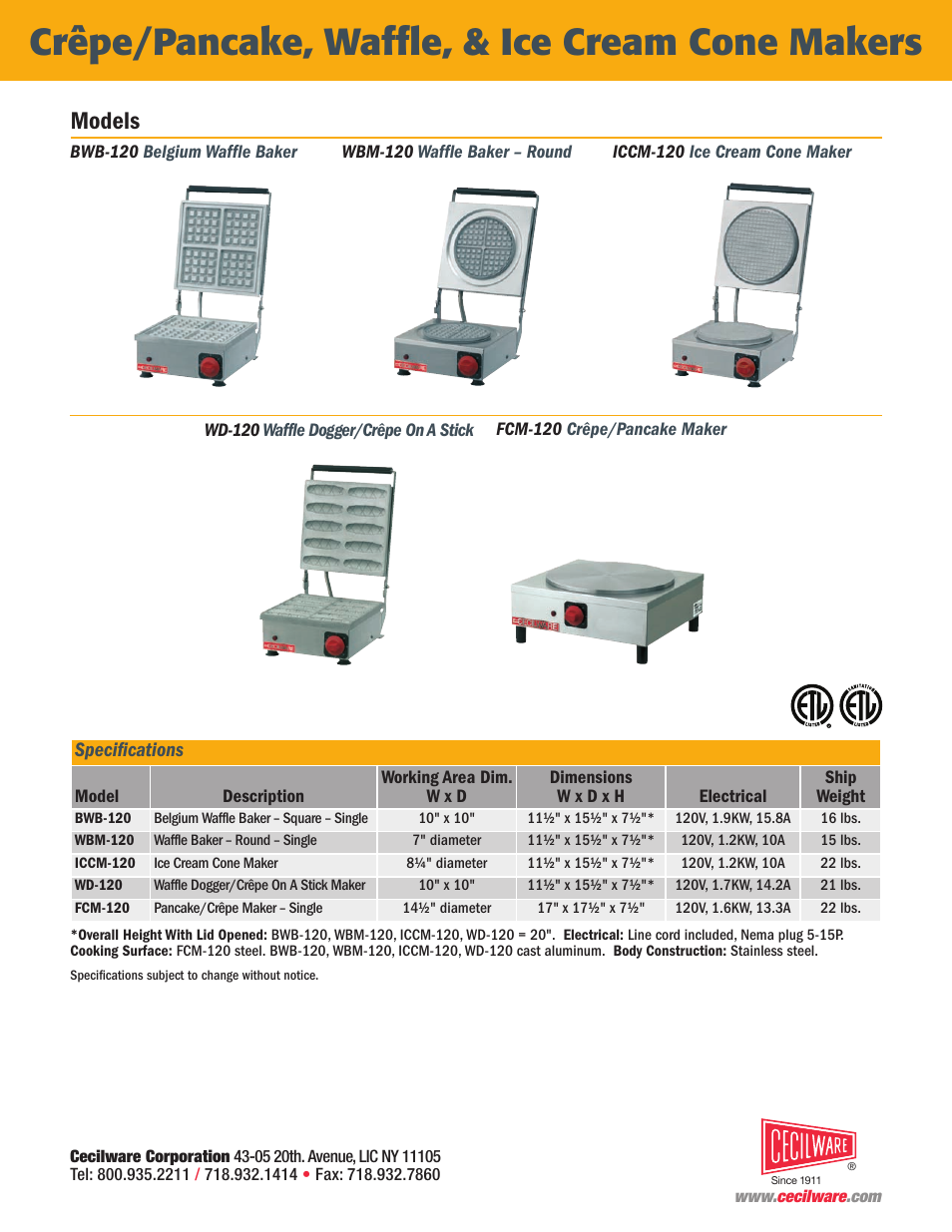 Crêpe/pancake, waffle, & ice cream cone makers, Models, Specifications | Cecilware NQ96A User Manual | Page 2 / 2