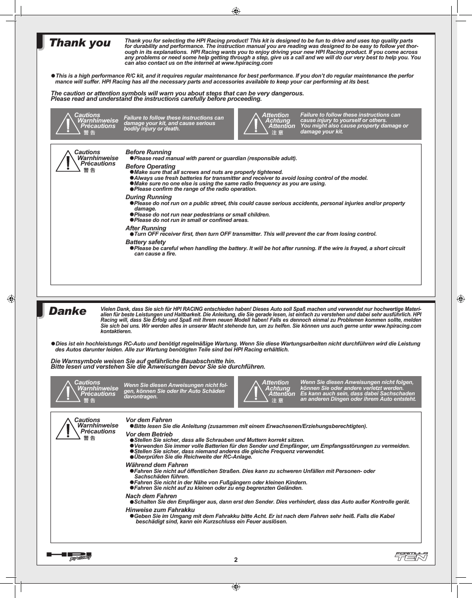 HPI Racing Formula Ten User Manual | Page 2 / 44