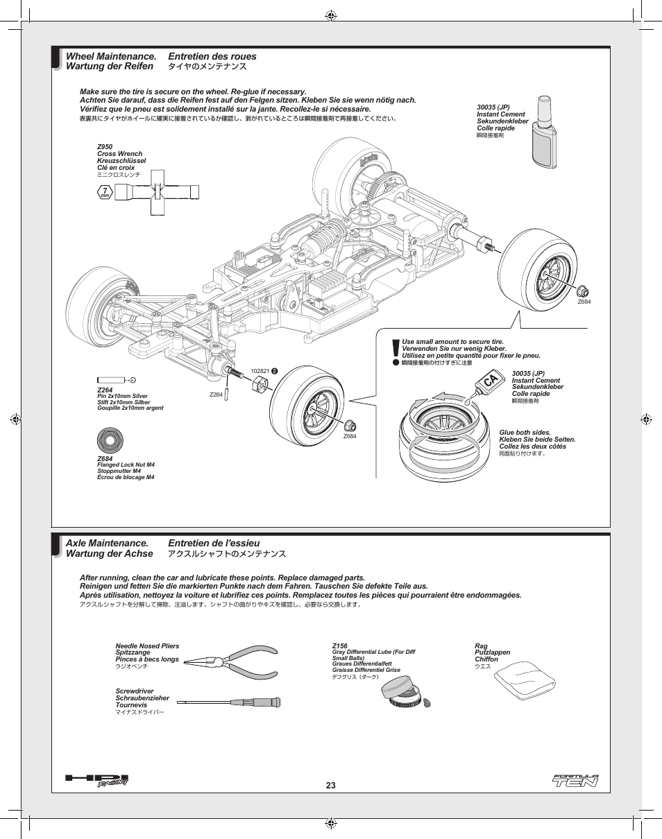 Entretien de l'essieu, Axle maintenance. wartung der achse, Entretien des roues | Wheel maintenance. wartung der reifen | HPI Racing Formula Ten User Manual | Page 23 / 44