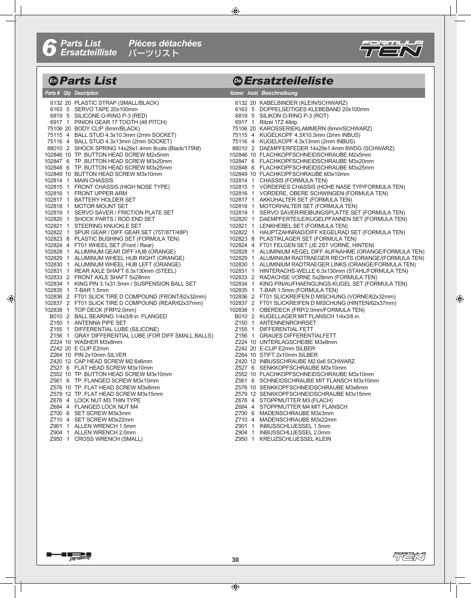 Parts list ersatzteileliste, Parts list ersatzteilliste pièces détachées, パーツリスト | HPI Racing Formula Ten User Manual | Page 30 / 44