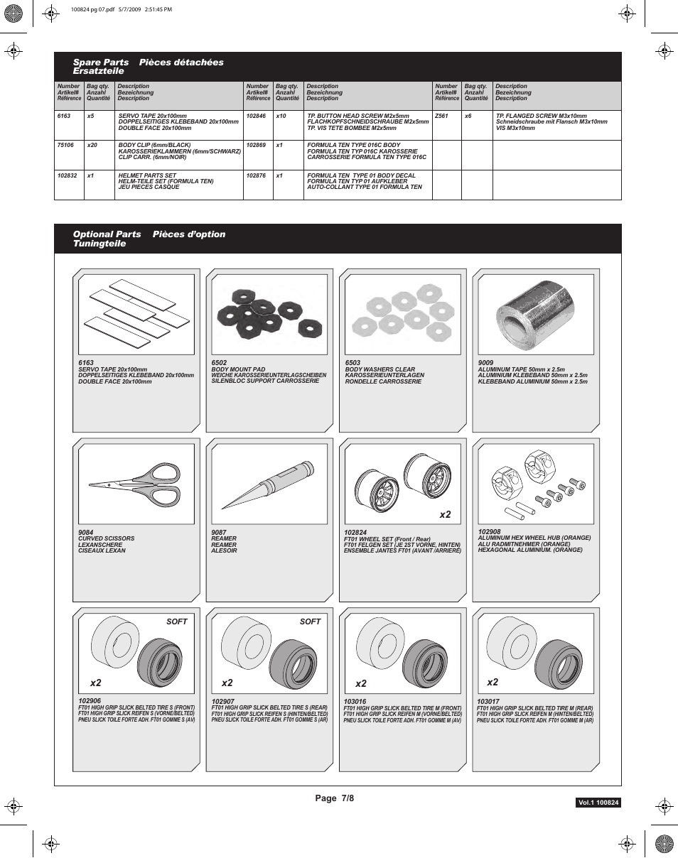 Page 7/8, Spare parts ersatzteile pièces détachées, Optional parts tuningteile pièces d’option | HPI Racing Formula Ten User Manual | Page 40 / 44