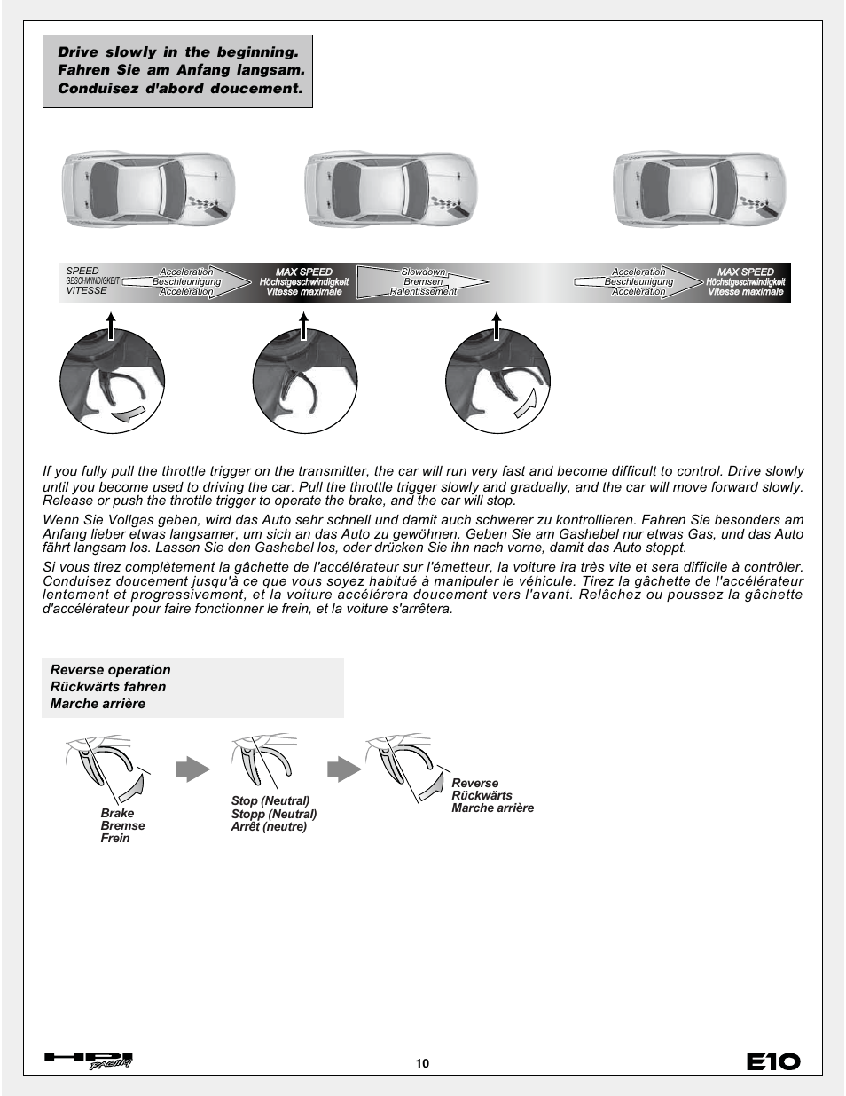 Reverse operation rückwärts fahren marche arrière | HPI Racing E10 User Manual | Page 10 / 36