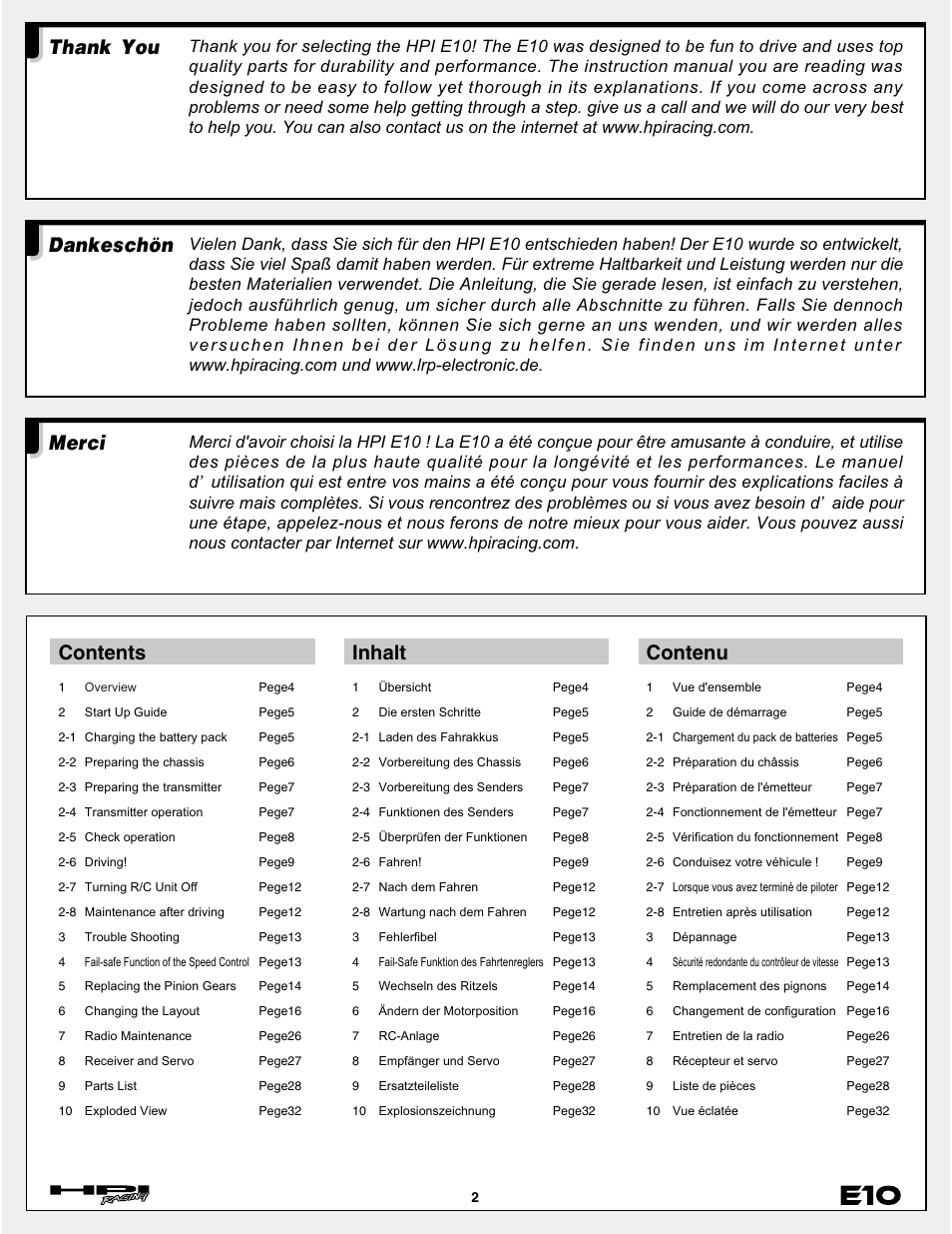 HPI Racing E10 User Manual | Page 2 / 36