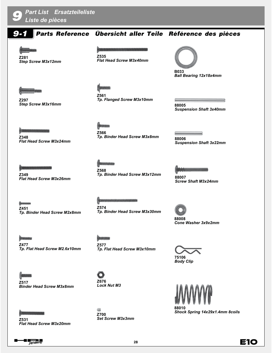 Parts reference, Übersicht aller teile, Référence des pièces | Part list ersatzteileliste liste de pièces | HPI Racing E10 User Manual | Page 28 / 36