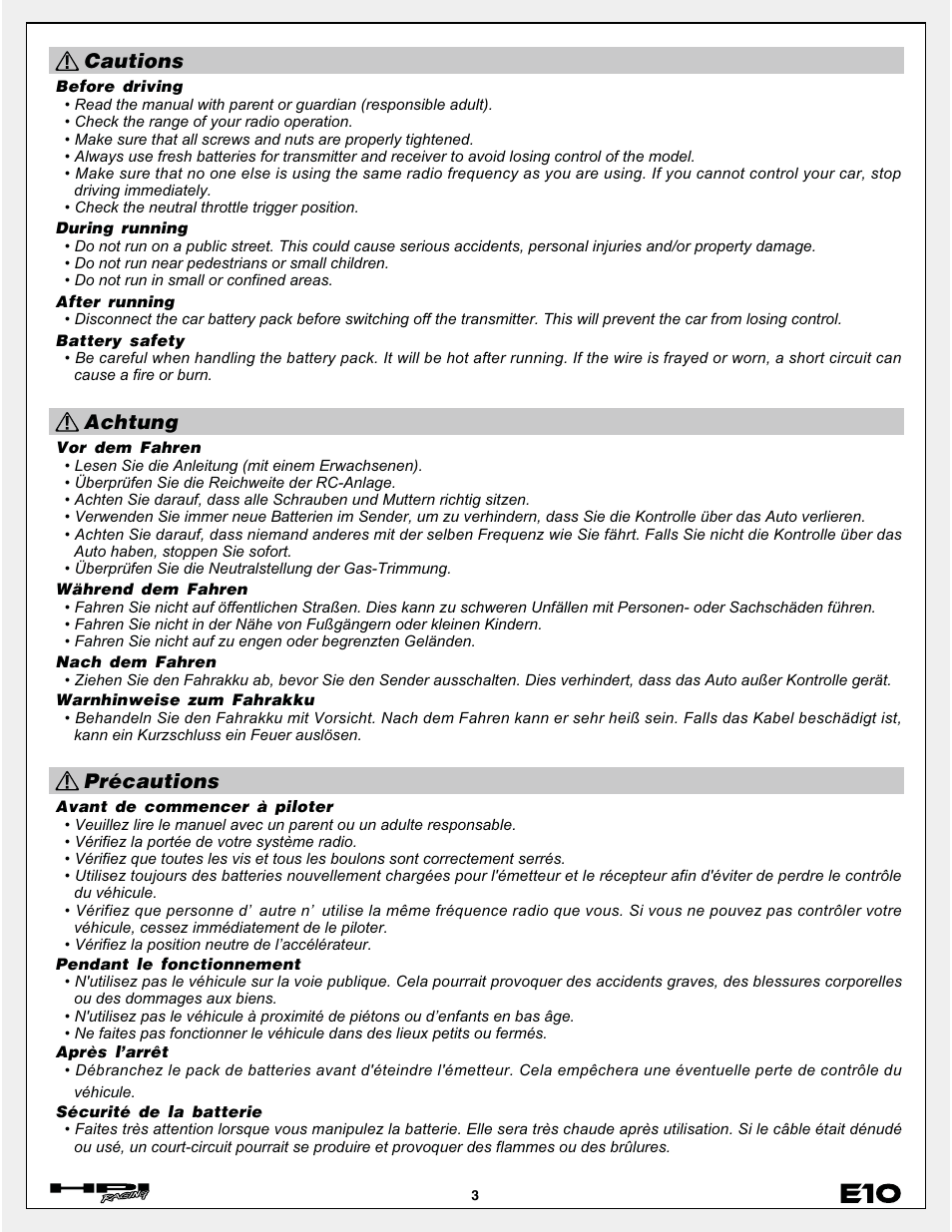 Achtung, Cautions, Précautions | HPI Racing E10 User Manual | Page 3 / 36