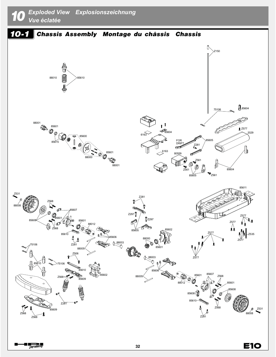 Chassis assembly, Montage du châssis, Chassis | Exploded view explosionszeichnung vue éclatée | HPI Racing E10 User Manual | Page 32 / 36