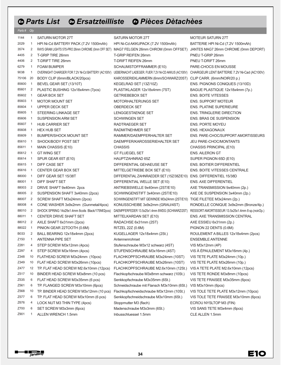 Parts list, Ersatzteilliste, Pièces dètachèes | HPI Racing E10 User Manual | Page 34 / 36