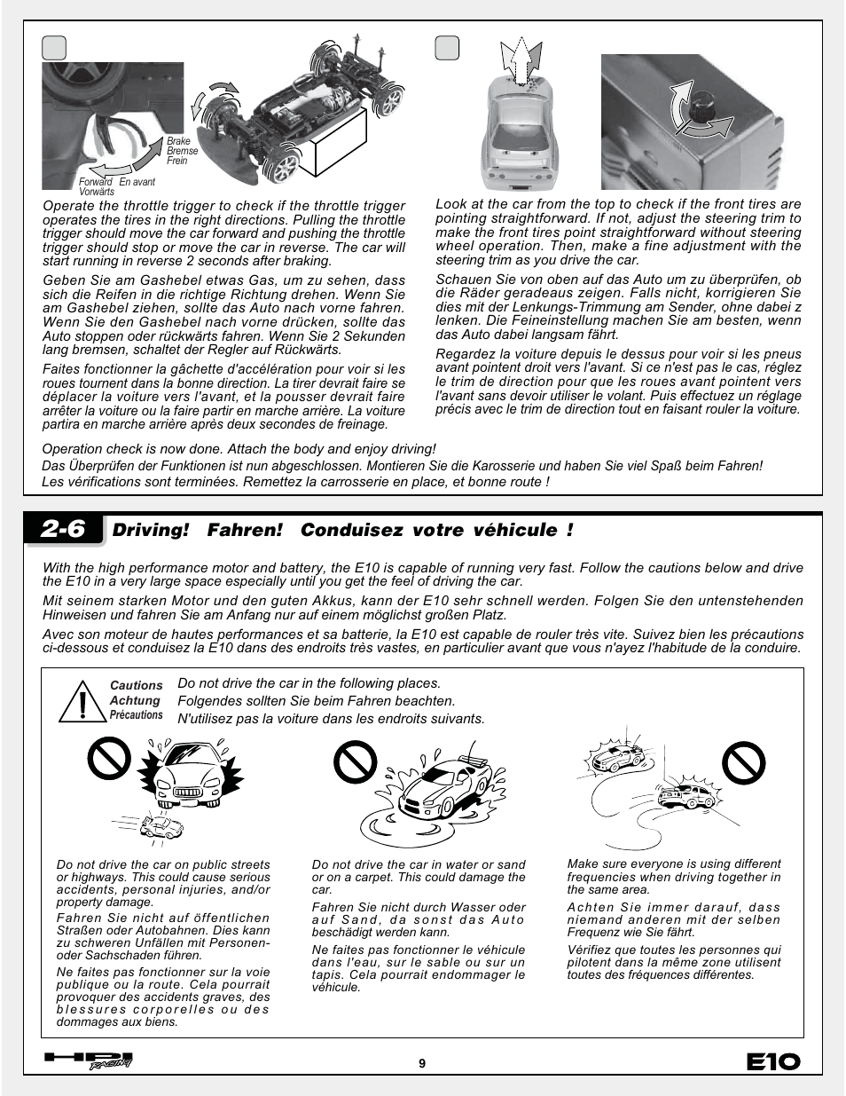 Driving, Fahren, Conduisez votre véhicule | HPI Racing E10 User Manual | Page 9 / 36