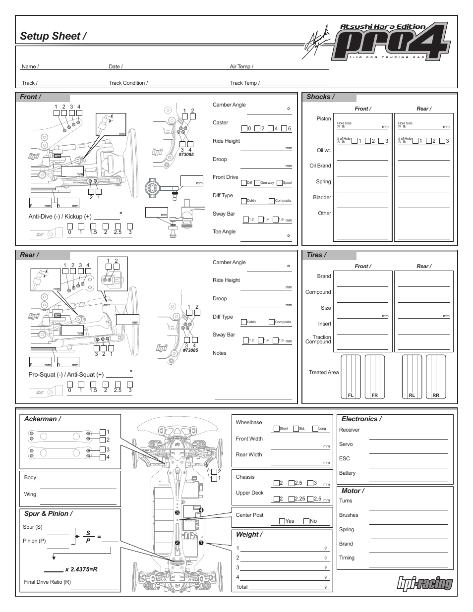 Setup sheet, Front, Shocks | Rear, Tires, Electronics, Motor, Weight, Spur & pinion, Ackerman | HPI Racing Pro 4 Hara Edition User Manual | Page 40 / 44