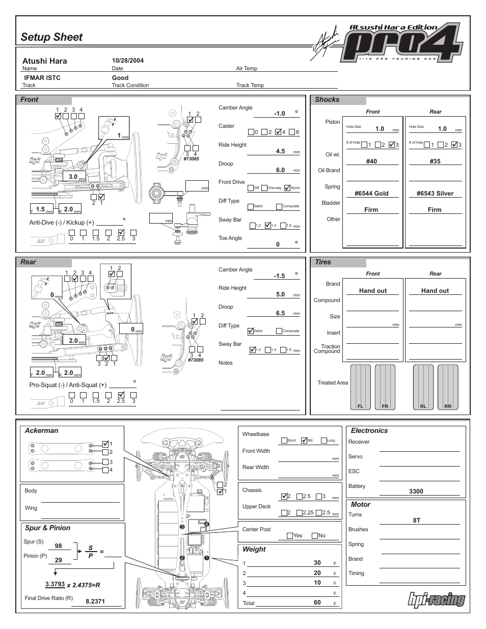 Setup sheet, Atushi hara, Front | Shocks, Rear, Tires, Electronics motor, Weight, Spur & pinion, Ackerman | HPI Racing Pro 4 Hara Edition User Manual | Page 42 / 44