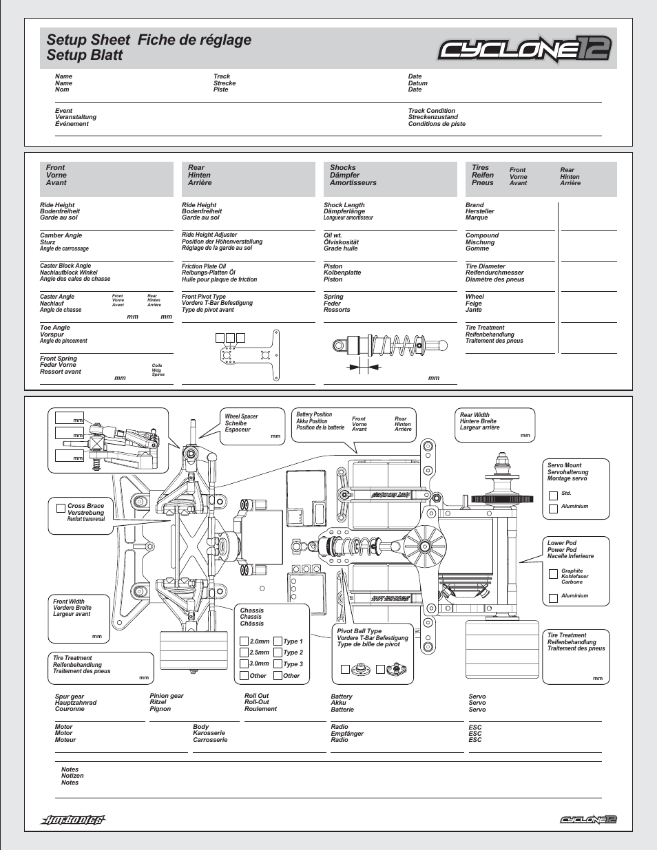 Fiche de réglage, Setup sheet setup blatt, セットアップシート | HPI Racing Cyclone 12 User Manual | Page 27 / 32