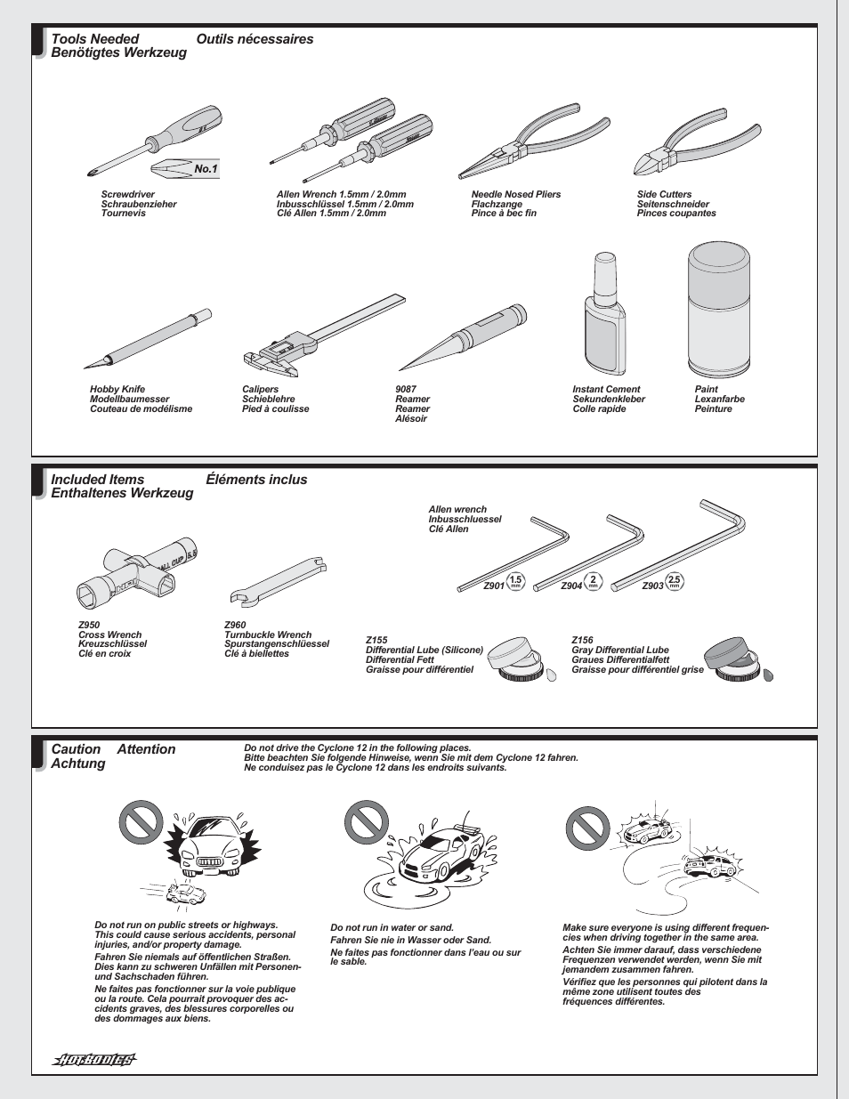 Éléments inclus, Included items enthaltenes werkzeug, Attention | Caution achtung, Outils nécessaires, Tools needed benötigtes werkzeug | HPI Racing Cyclone 12 User Manual | Page 6 / 32