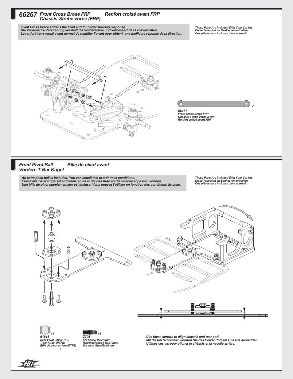 Renfort croisé avant frp, Front cross brase frp chassis-strebe vorne (frp), Bille de pivot avant | Front pivot ball vordere t-bar kugel | HPI Racing HB 12X User Manual | Page 24 / 32