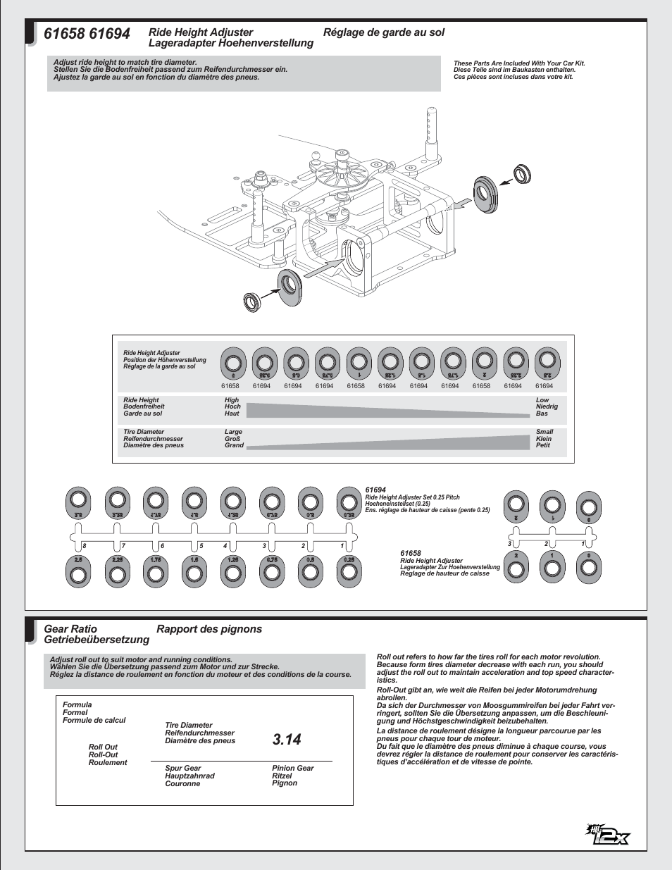Réglage de garde au sol, Rapport des pignons, Gear ratio getriebeübersetzung | HPI Racing HB 12X User Manual | Page 25 / 32