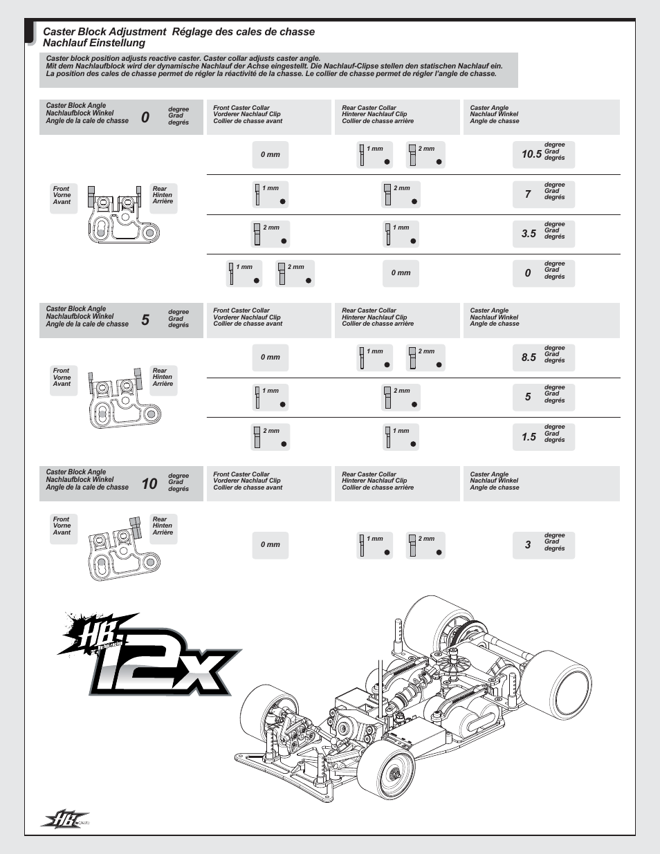 Réglage des cales de chasse, Caster block adjustment nachlauf einstellung | HPI Racing HB 12X User Manual | Page 26 / 32