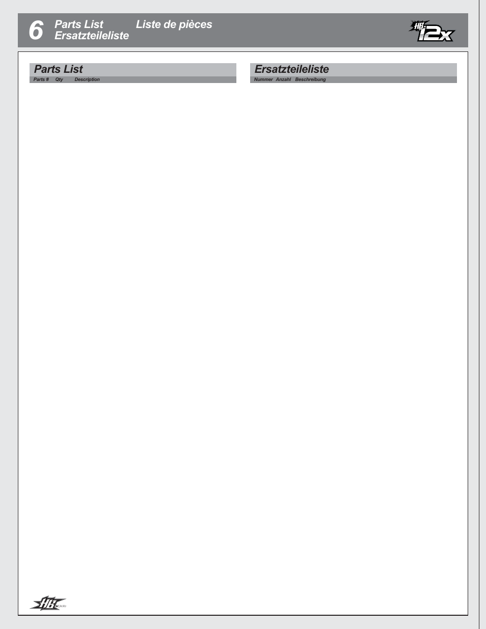 Parts list ersatzteileliste liste de pièces, Parts list, Ersatzteileliste | パーツリスト | HPI Racing HB 12X User Manual | Page 30 / 32