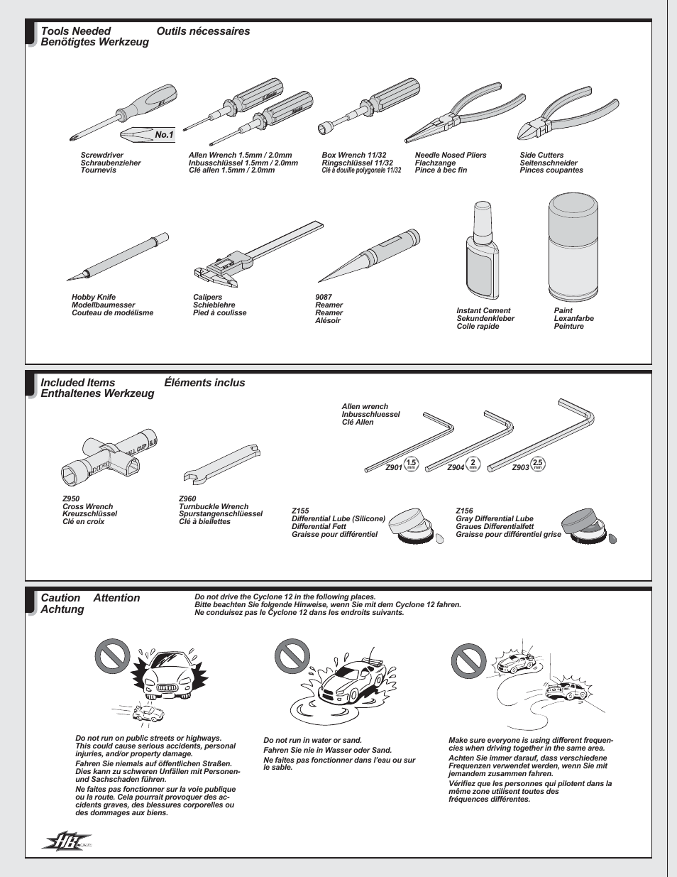 Éléments inclus, Included items enthaltenes werkzeug, Attention | Caution achtung, Outils nécessaires, Tools needed benötigtes werkzeug | HPI Racing HB 12X User Manual | Page 6 / 32