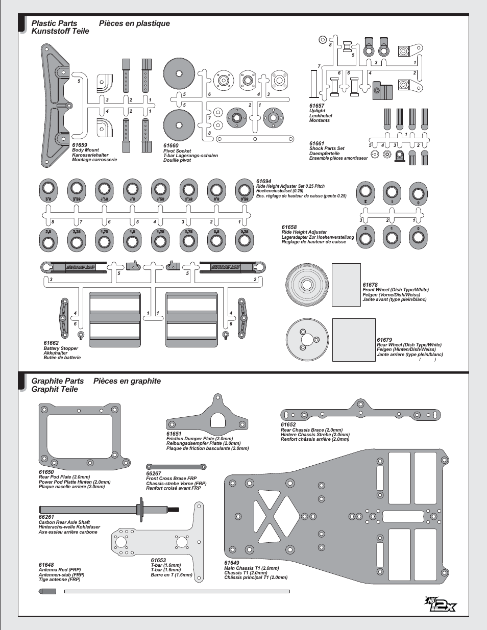 Pièces en plastique, Plastic parts kunststoff teile, Graphite parts graphit teile pièces en graphite | HPI Racing HB 12X User Manual | Page 9 / 32