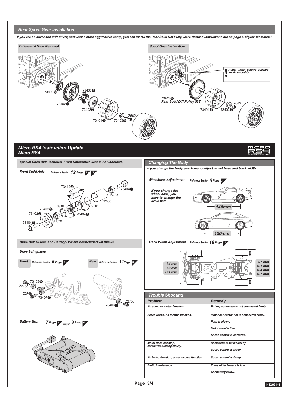 Micro rs4 instruction update micro rs4, Page 3/4 rear spool gear installation, Trouble shooting | Changing the body | HPI Racing Micro RS4 Drift User Manual | Page 3 / 4