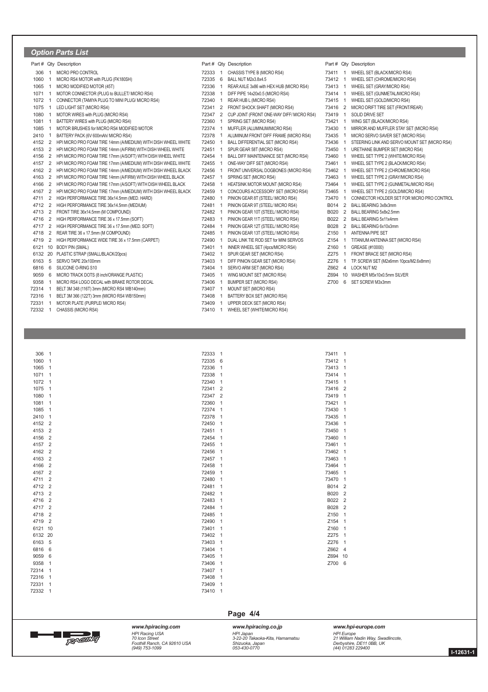 Page 4/4 option parts list | HPI Racing Micro RS4 Drift User Manual | Page 4 / 4