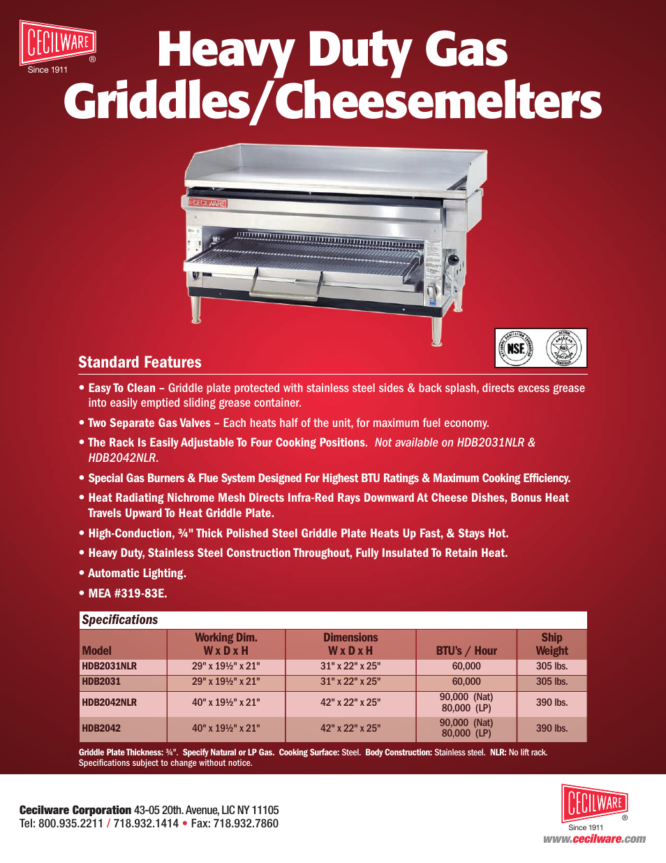 Heavy duty gas griddles/cheesemelters, Standard features | Cecilware BG36 User Manual | Page 2 / 2