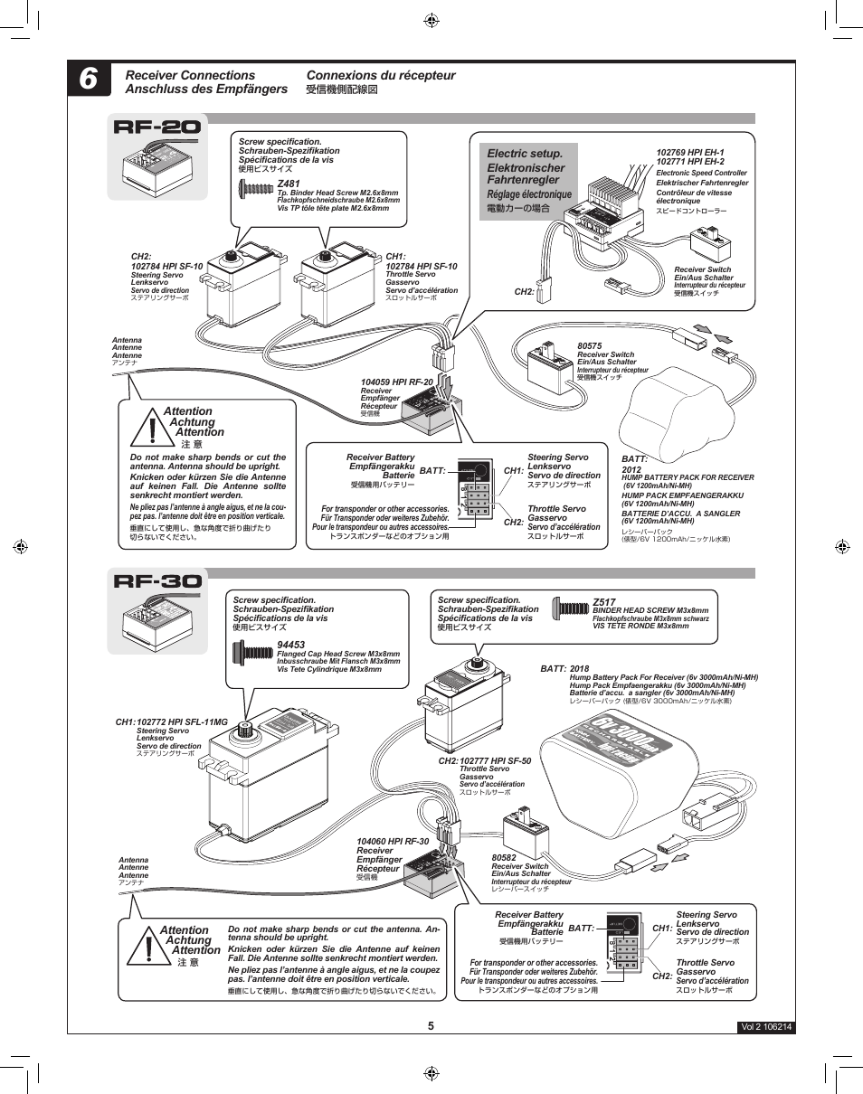 Connexions du récepteur, Receiver connections anschluss des empfängers | HPI Racing TF-20 Radio Set User Manual | Page 5 / 12