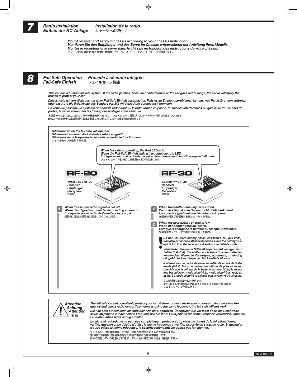 Installation de la radio, Radio installation einbau der rc-anlage, Procédé à sécurité intégrée | Fail safe operation fail-safe einheit | HPI Racing TF-20 Radio Set User Manual | Page 6 / 12