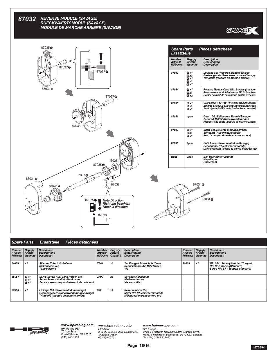 Page 16/16, Spare parts ersatzteile pièces détachées | HPI Racing Savage Reverse Module User Manual | Page 16 / 16